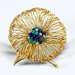 Vintage 1970s Sea Flower Brooch Gold Tone Oversized Blue Green Glass Rhinestone